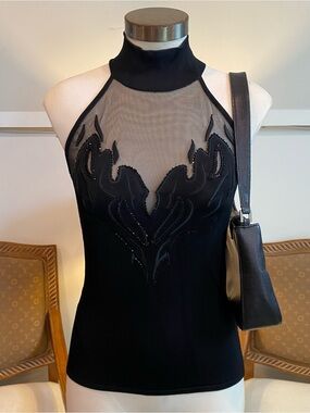 Vintage 90s Cache Black Mesh Appliqué Fire Halter Top, Size S